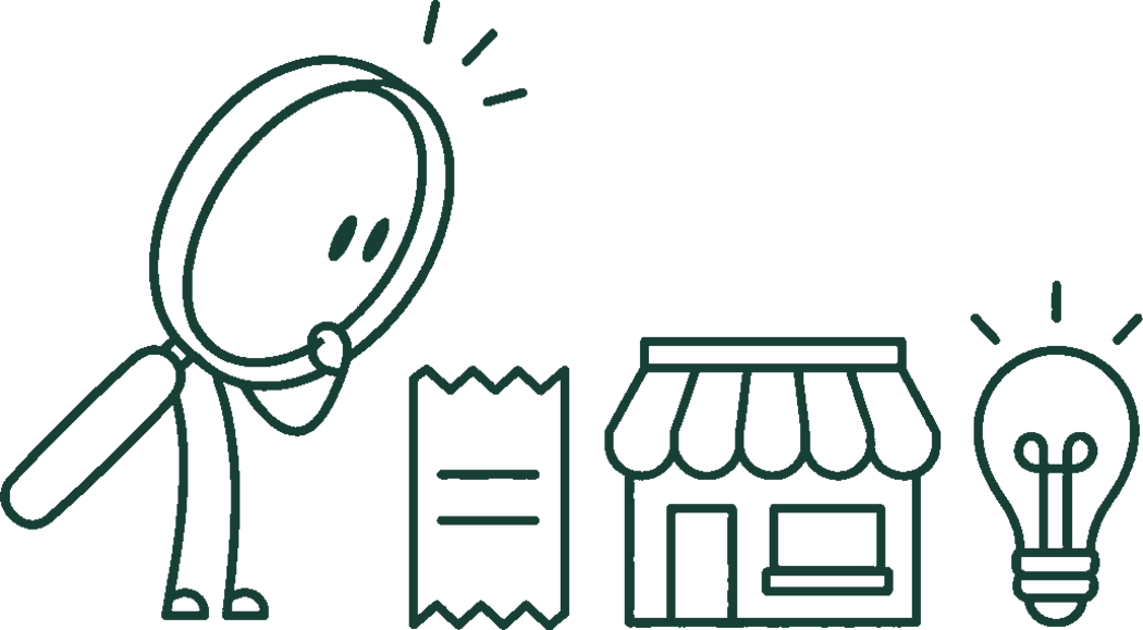 Una lupa revisa un recibo, un local comercial y una nueva idea antes de tomar una decisión